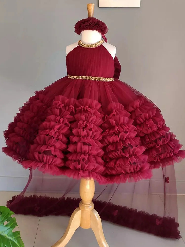 2025 Summer Girls Sweet Fluffy Dress Performance Dress Wine Red Flower Girl Princess Dress Walk Show Formal Big Butterfly Christ