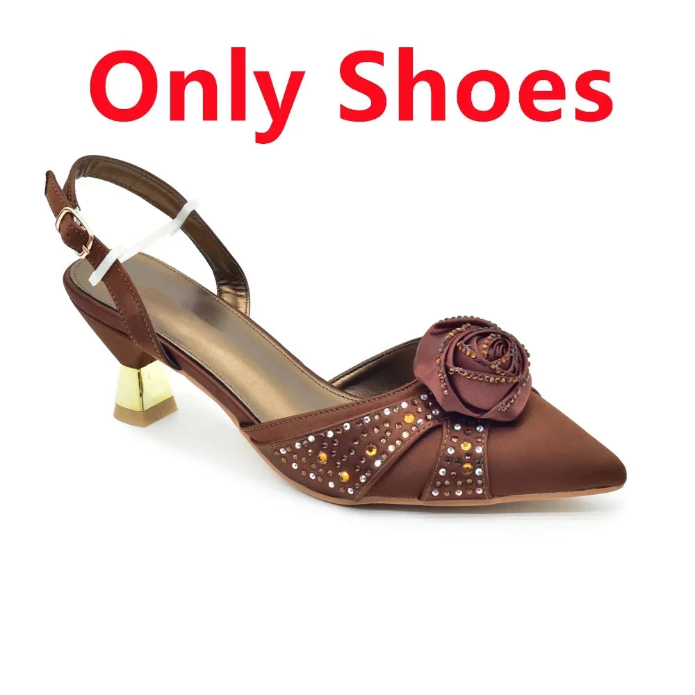 Luxury Italian Shoes and Bag Set for Women Pointed Toe High Heels Party Dress Female Pumps Decorated with Handmade Flowers