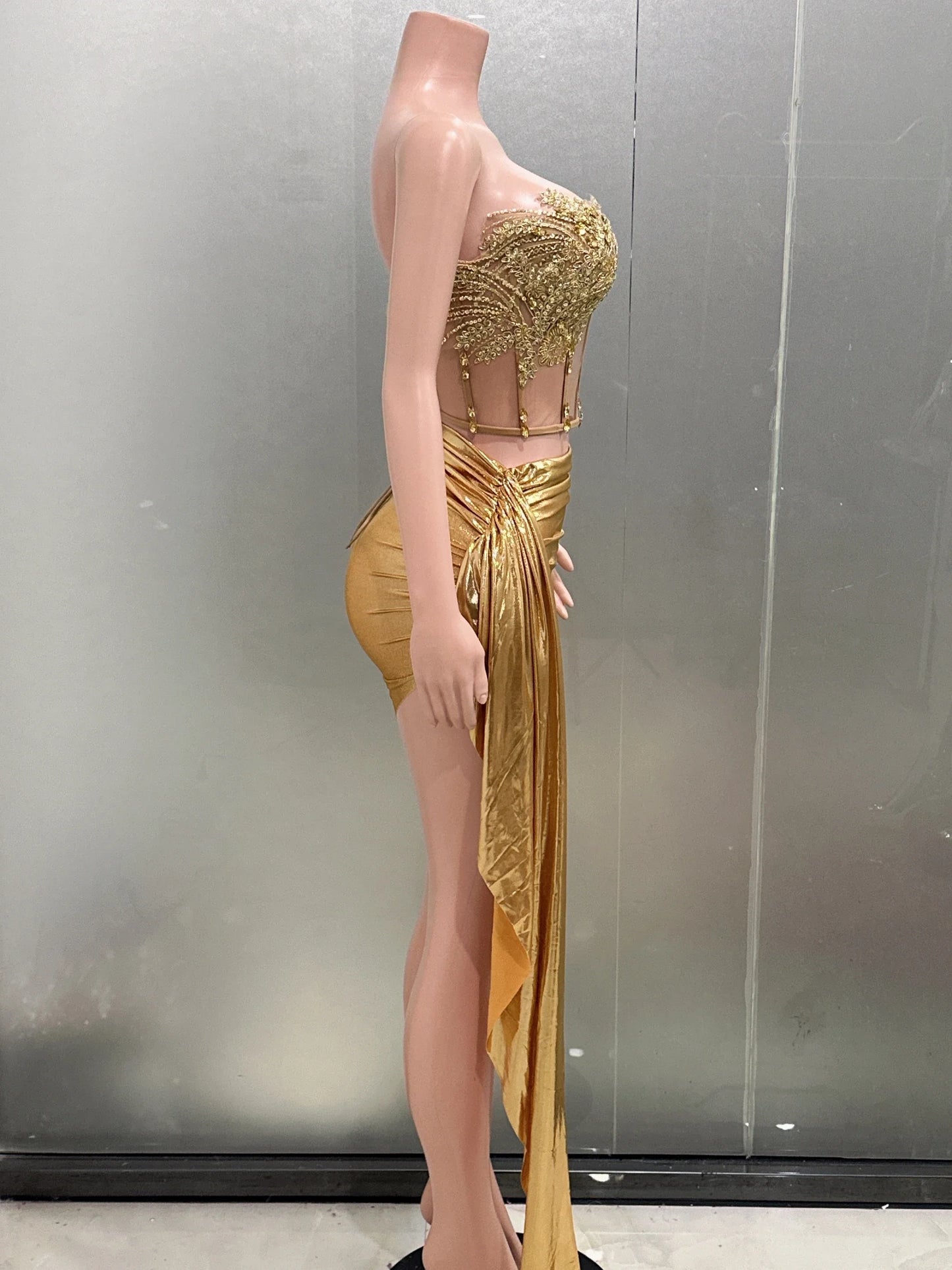 Gold Color Women Sexy 2 Pieces Strapless Bodycon Mini Dress Bar Singer Nightclub Party Celebrate Birthday Dress