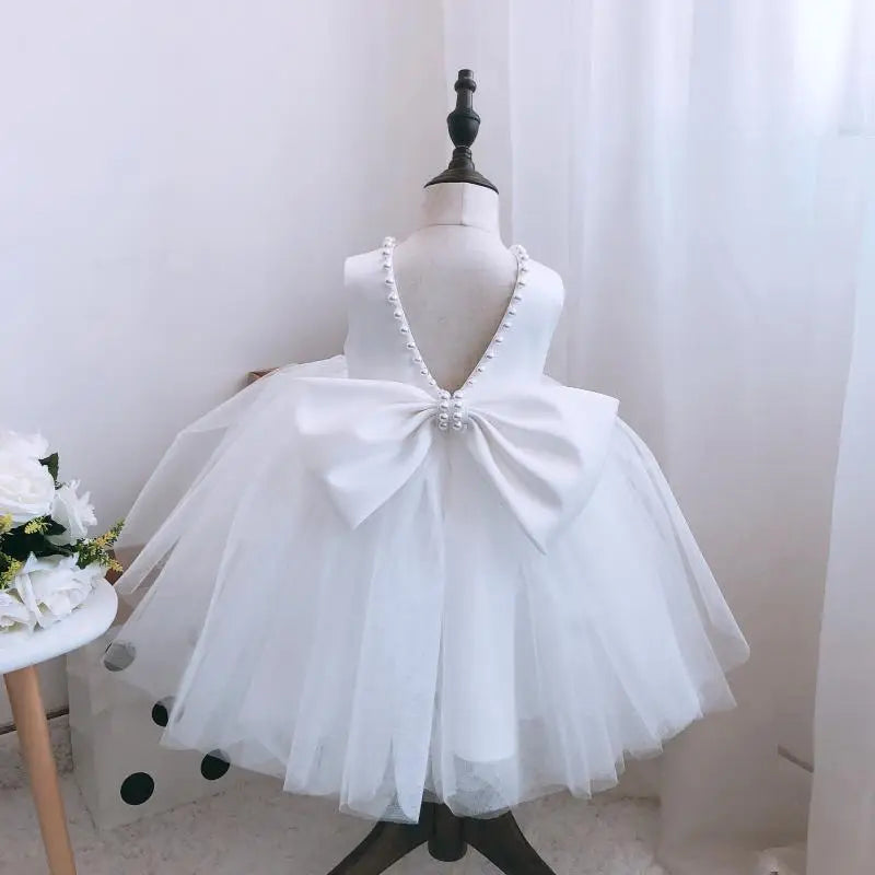 Kids Pearls Elegant Princess Dress for Girls Backless Bow Baby Girl 1st Birthday Baptism Tutu Gown Wedding Party Girls Dress
