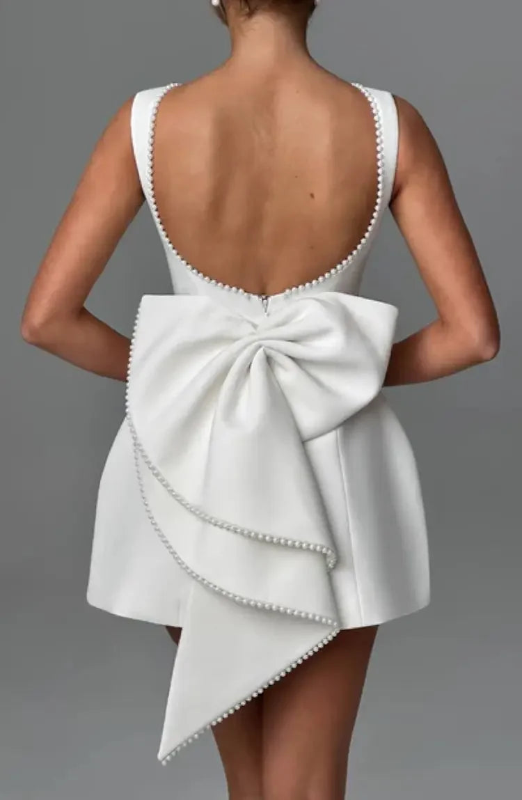 Elegant Pearl Bow Backless Short Dress Women's Sleeveless Party Cute Mini Dresses Black White Pink Chic Birthday Evening