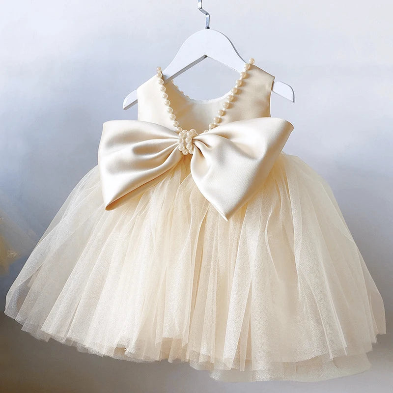 Kids Pearls Elegant Princess Dress for Girls Backless Bow Baby Girl 1st Birthday Baptism Tutu Gown Wedding Party Girls Dress