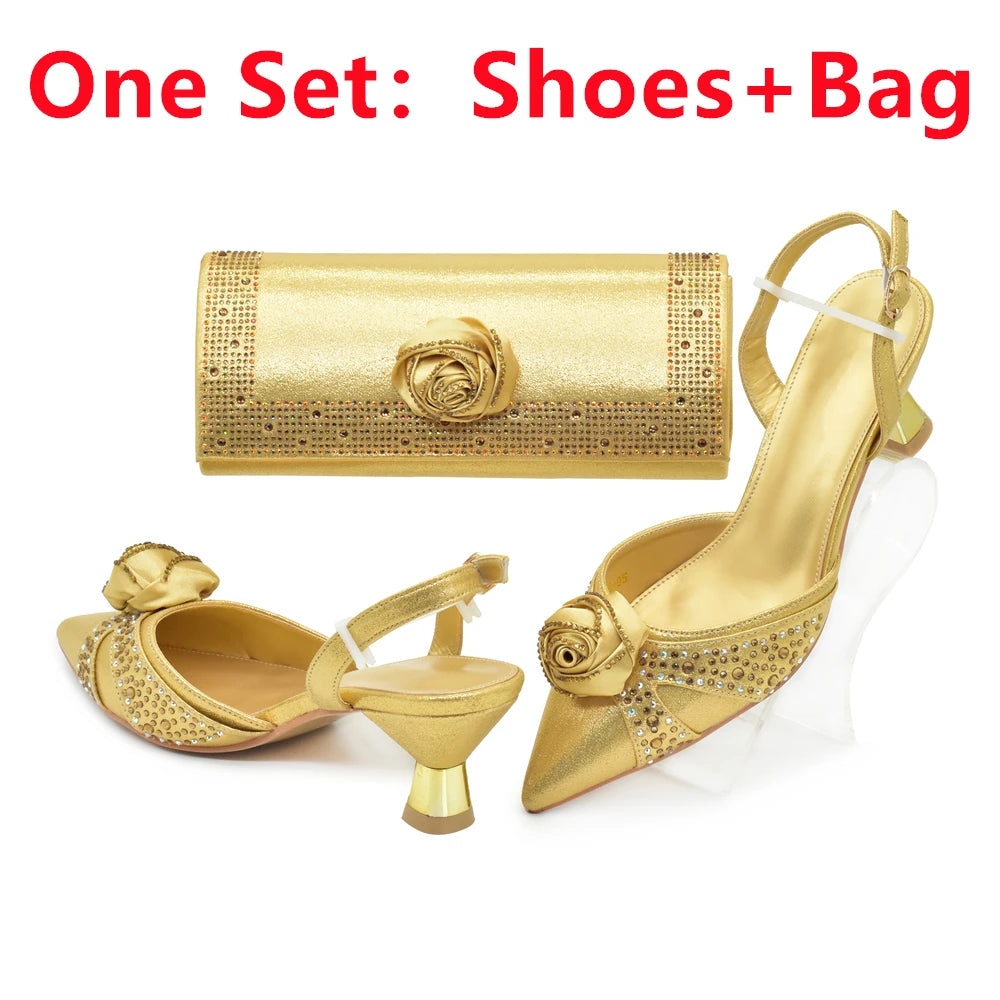 Luxury Italian Shoes and Bag Set for Women Pointed Toe High Heels Party Dress Female Pumps Decorated with Handmade Flowers