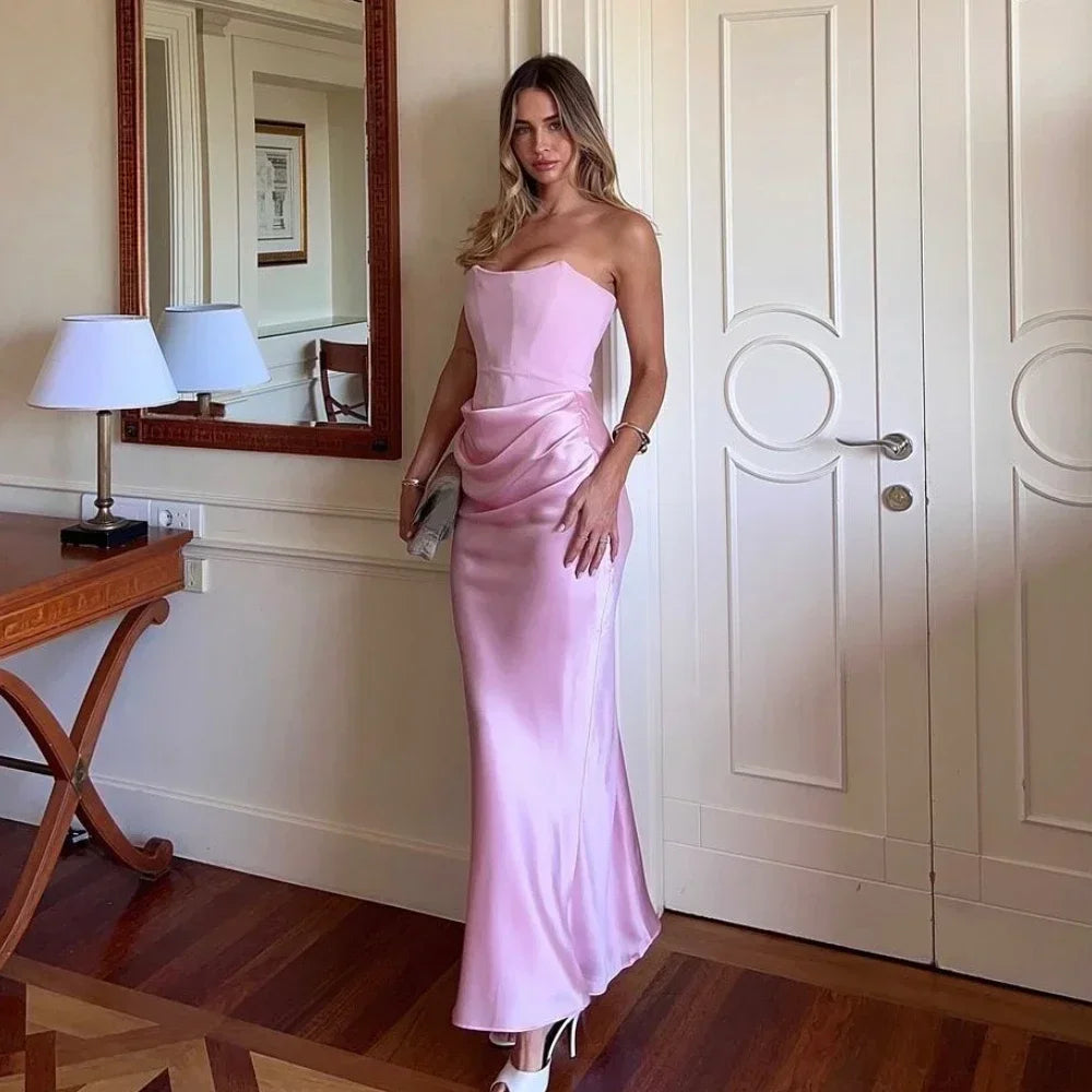 New dress Women's Evening Dress Strapless Pink Prom Party Dresses Sexy Satin Long Corset Dress Elegant Maxi Gala Dresses