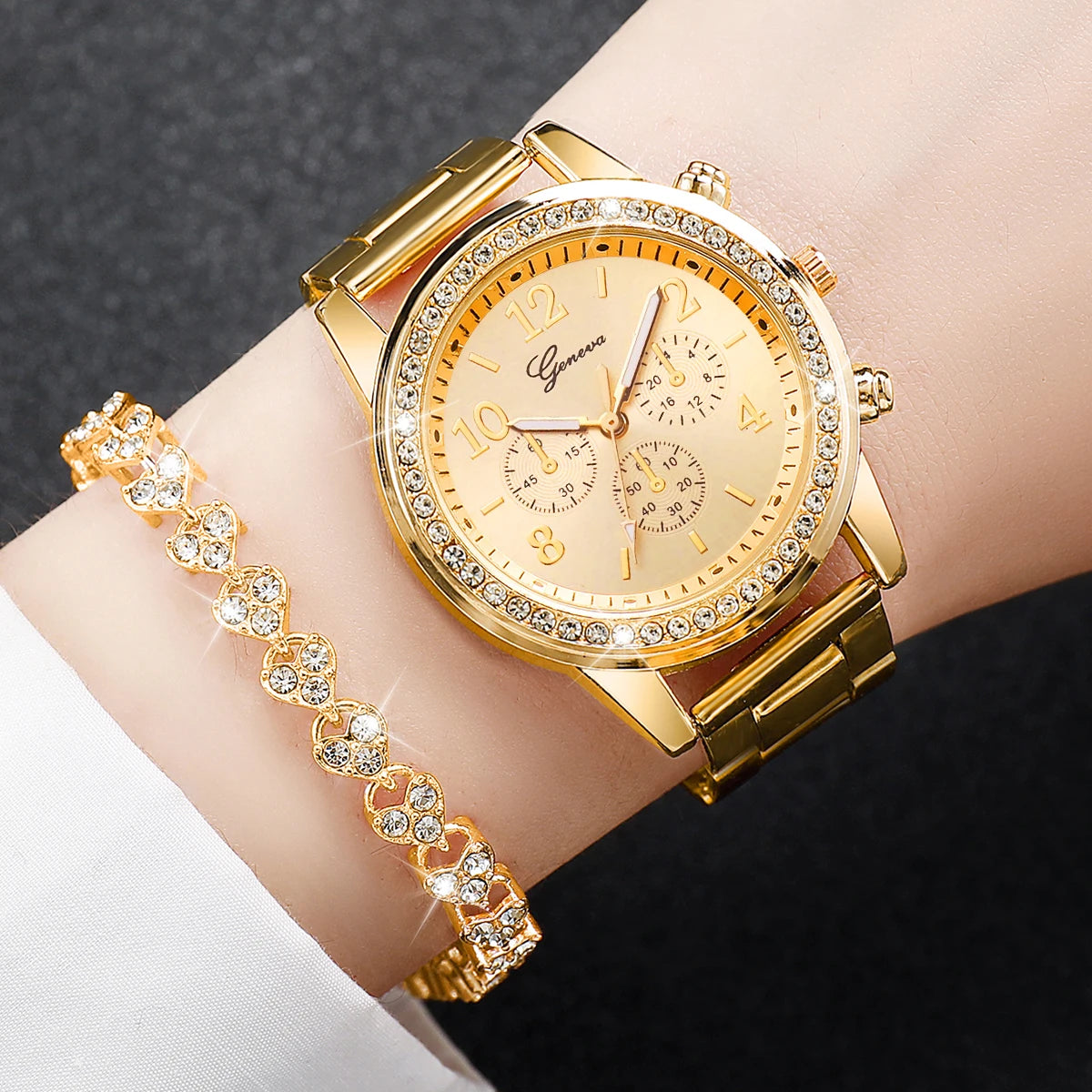 Fashion Women Stainless Steel Gold Color Quartz Watch & Diamond Bracelet