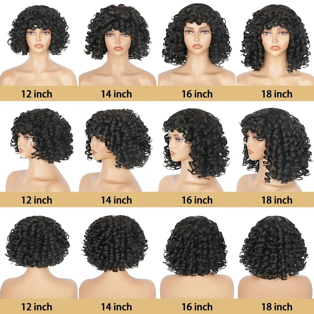 Big Curly Bob Wigs with Bangs Short Rose Curly Brazilian Virgin Human Hair Wig For Women Glueless Bouncy Curly Human Hair Wigs