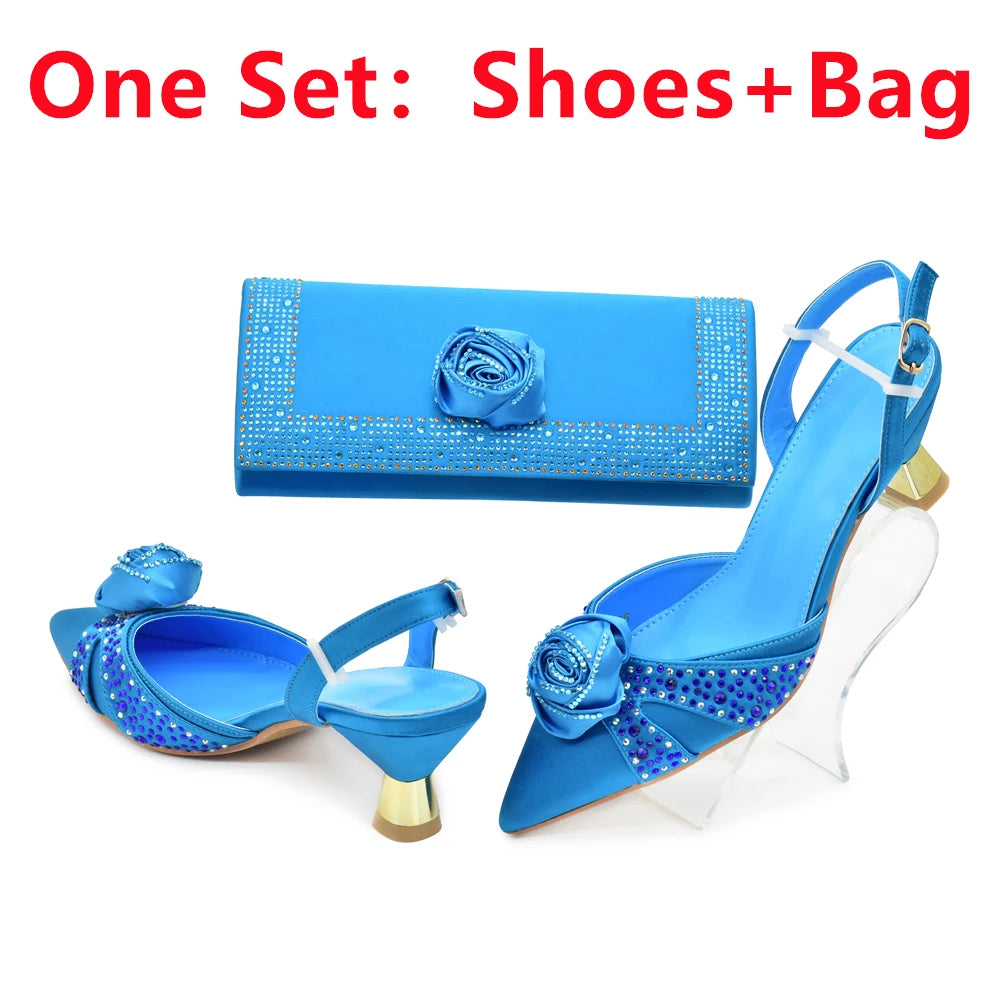 Luxury Italian Shoes and Bag Set for Women Pointed Toe High Heels Party Dress Female Pumps Decorated with Handmade Flowers