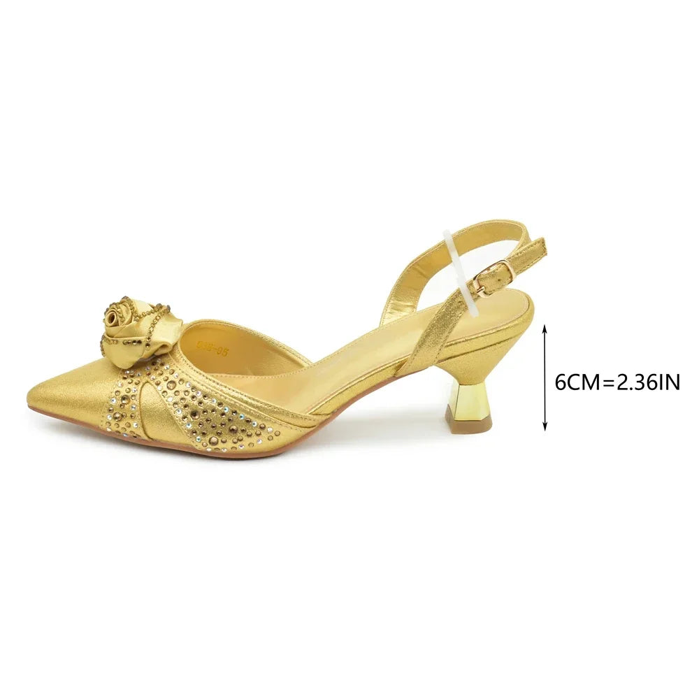 Luxury Italian Shoes and Bag Set for Women Pointed Toe High Heels Party Dress Female Pumps Decorated with Handmade Flowers