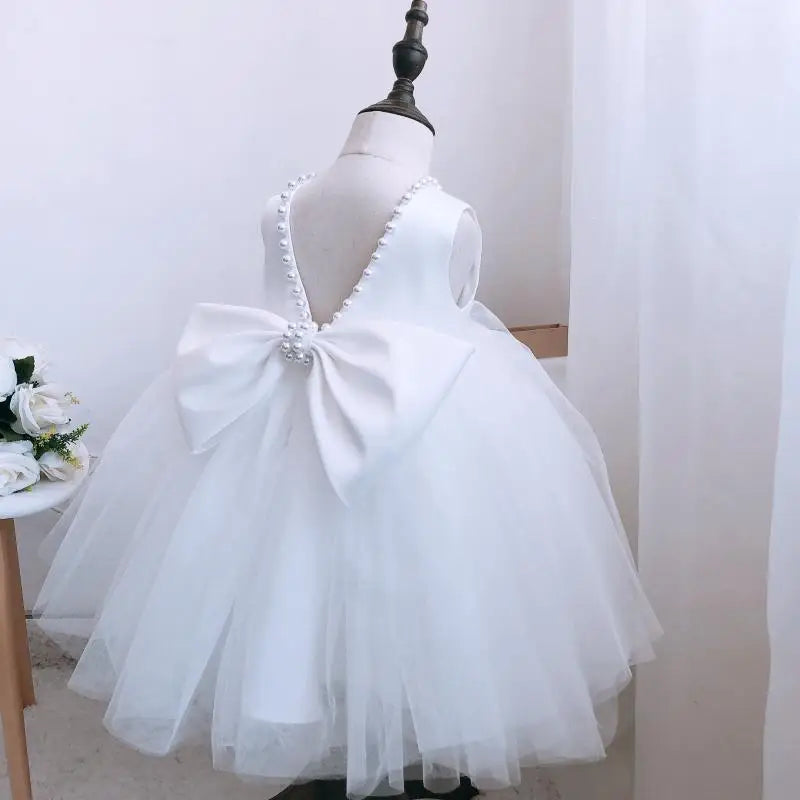 Kids Pearls Elegant Princess Dress for Girls Backless Bow Baby Girl 1st Birthday Baptism Tutu Gown Wedding Party Girls Dress