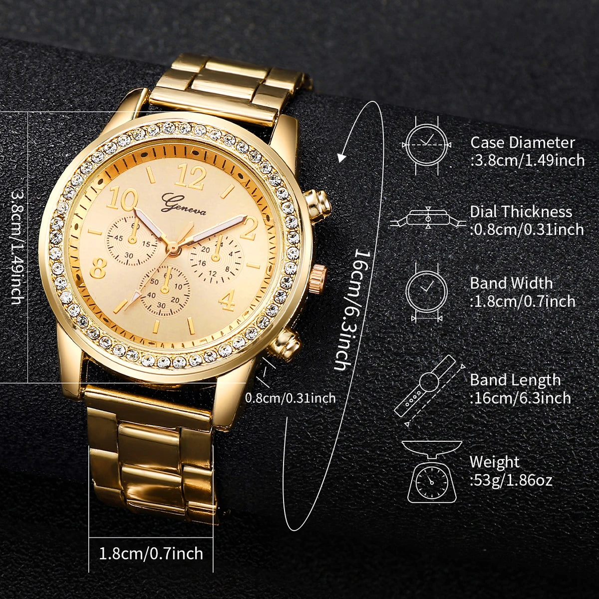 Fashion Women Stainless Steel Gold Color Quartz Watch & Diamond Bracelet
