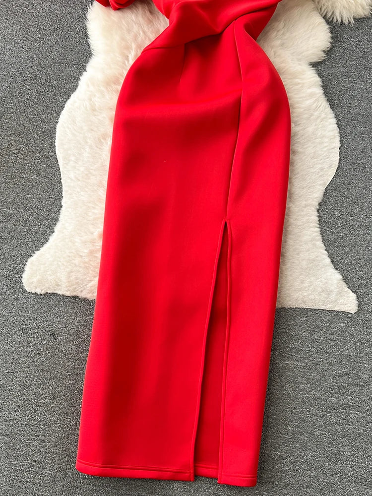 Women Oblique Collar Off Shoulder Puff Sleeve High Waist Split Banquet Long Dress Vestidos Korean Spring Summer 2025