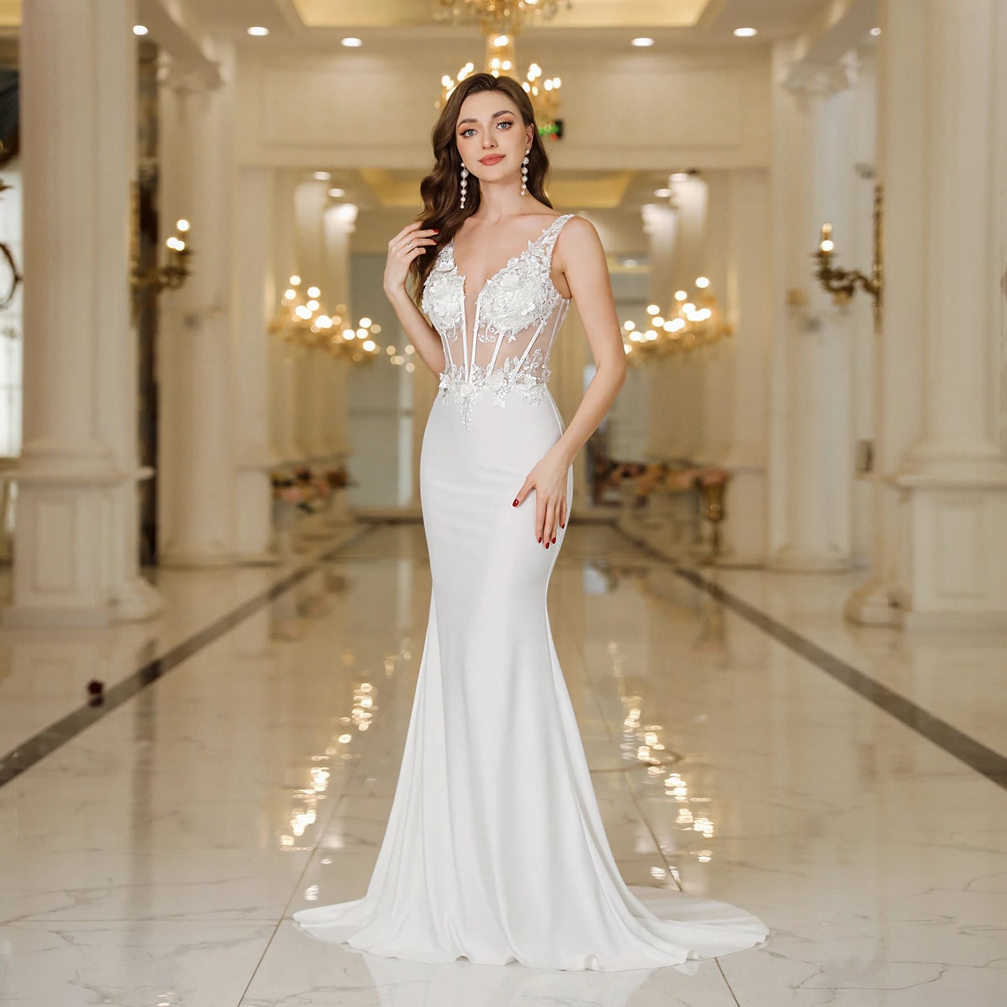Elegant Straps White Mermaid Wedding Dresses Lace Pearls Backless V Neck Sleeveless Formal Party Gowns Vestido Marriee