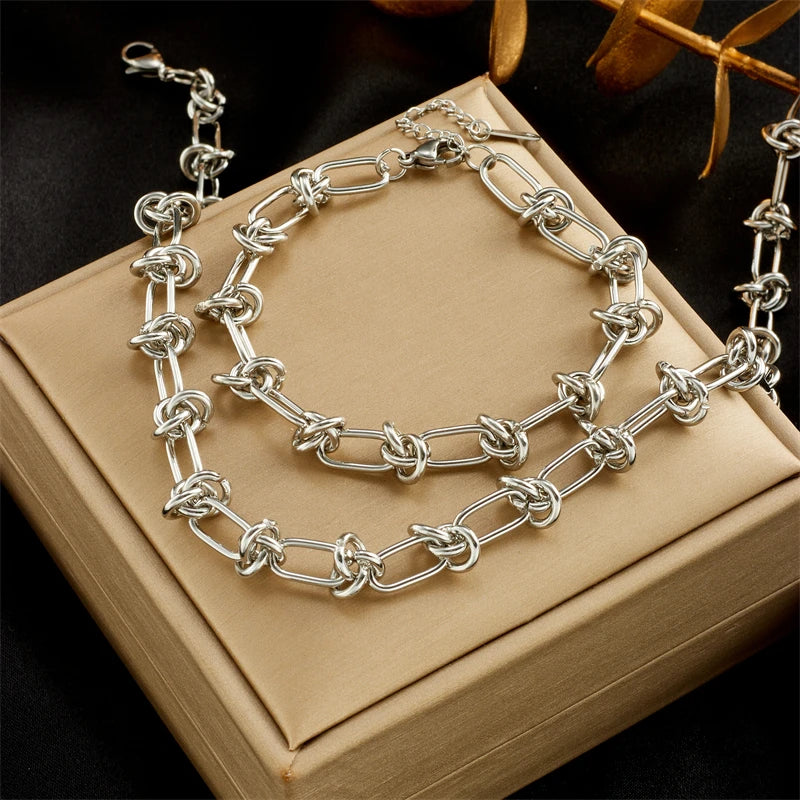 316L Stainless Steel Gold Silver Color Twist Knot Necklace Bracelets For Women Girl New Fashion Non-fading Jewelry Set