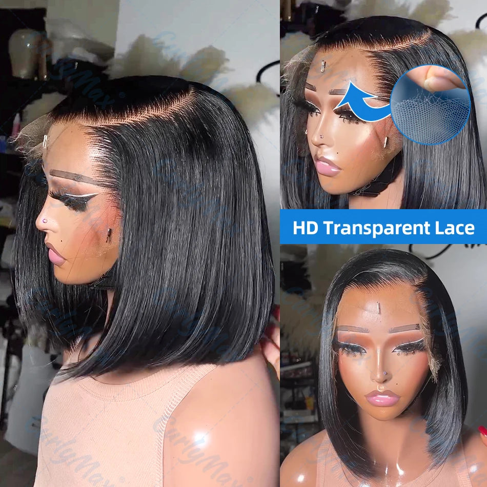 250% Brazilian Bone Straight Short Bob 13x6 Lace Frontal Human Hair HD Transparent Lace Front Bob Wig For Women