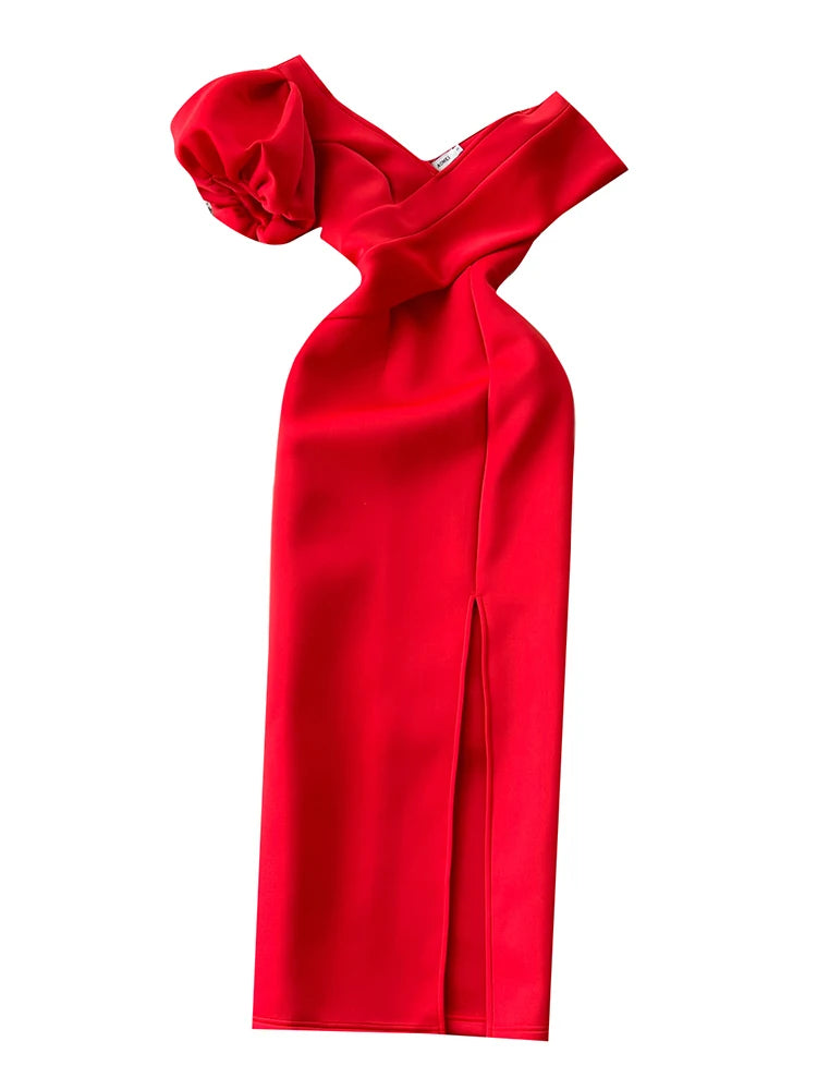Women Oblique Collar Off Shoulder Puff Sleeve High Waist Split Banquet Long Dress Vestidos Korean Spring Summer 2025