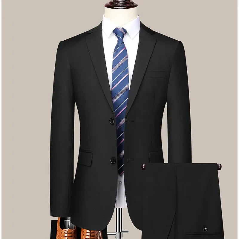 Men's 2024 Slim-fit Two-button Business Suit Professional Work Formal Two-piece Set Trousers Included S-6XL