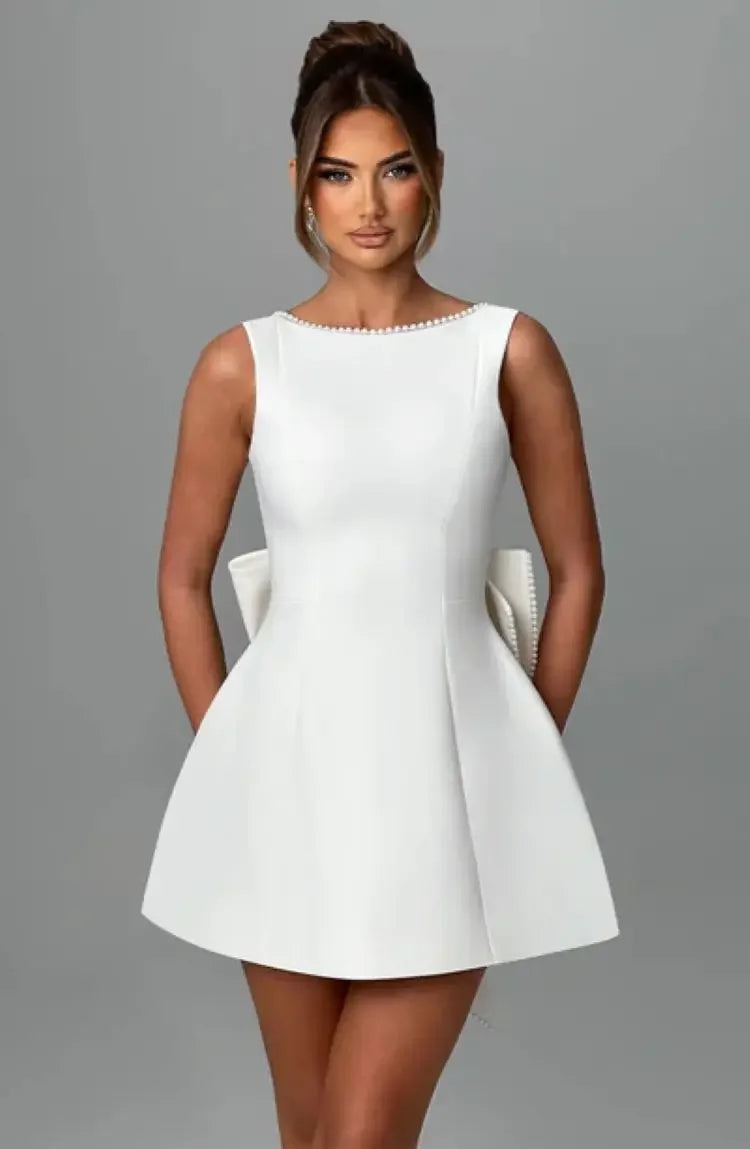 Elegant Pearl Bow Backless Short Dress Women's Sleeveless Party Cute Mini Dresses Black White Pink Chic Birthday Evening