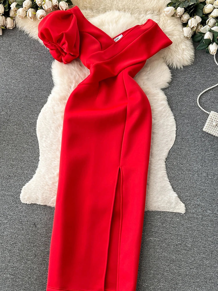 Women Oblique Collar Off Shoulder Puff Sleeve High Waist Split Banquet Long Dress Vestidos Korean Spring Summer 2025