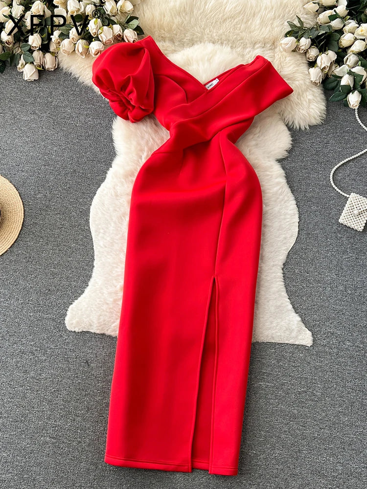 Women Oblique Collar Off Shoulder Puff Sleeve High Waist Split Banquet Long Dress Vestidos Korean Spring Summer 2025