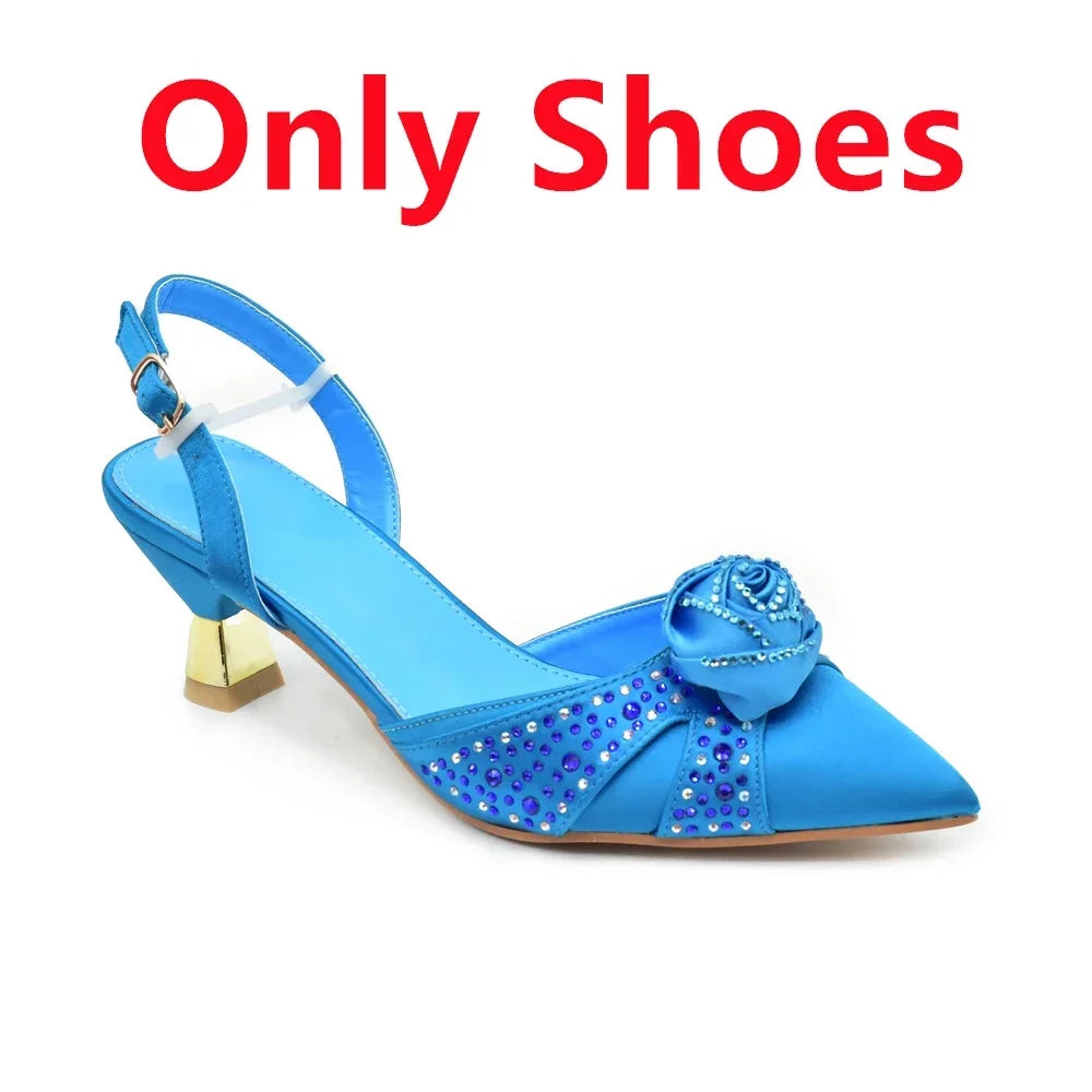 Luxury Italian Shoes and Bag Set for Women Pointed Toe High Heels Party Dress Female Pumps Decorated with Handmade Flowers