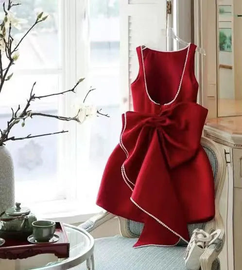 Elegant Pearl Bow Backless Short Dress Women's Sleeveless Party Cute Mini Dresses Black White Pink Chic Birthday Evening
