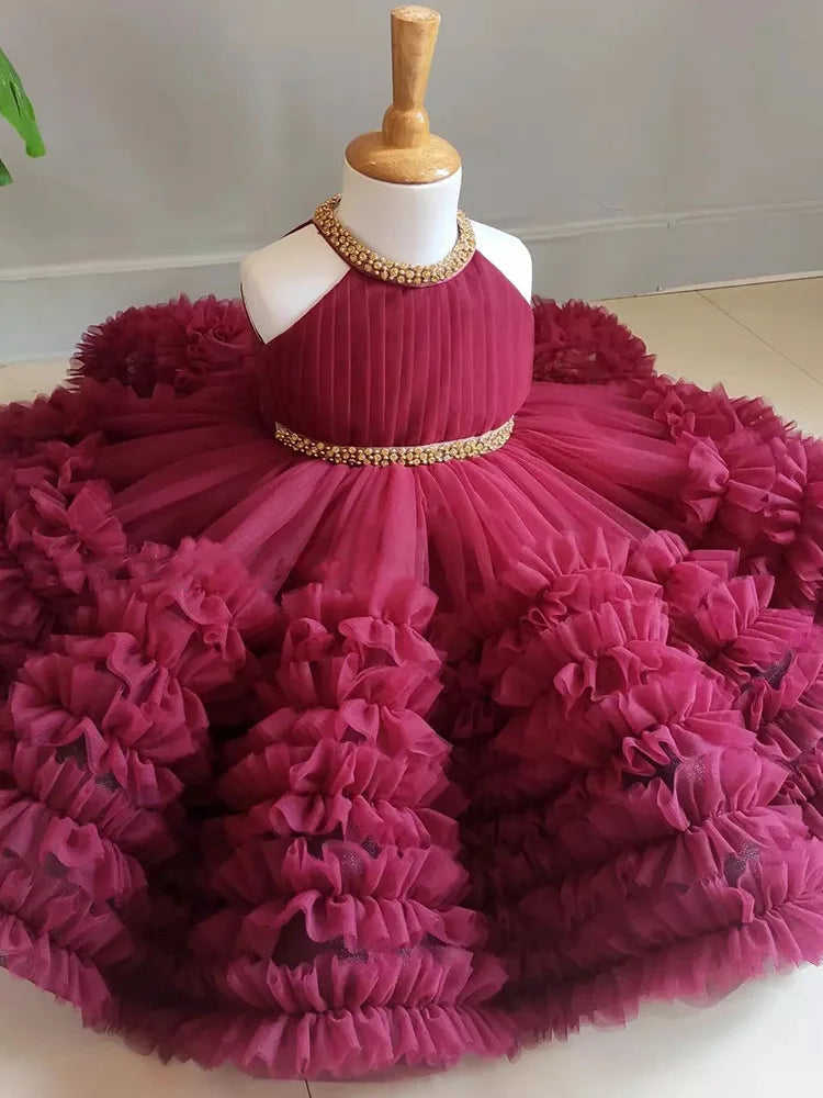 2025 Summer Girls Sweet Fluffy Dress Performance Dress Wine Red Flower Girl Princess Dress Walk Show Formal Big Butterfly Christ