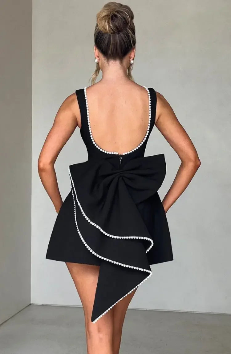 Elegant Pearl Bow Backless Short Dress Women's Sleeveless Party Cute Mini Dresses Black White Pink Chic Birthday Evening