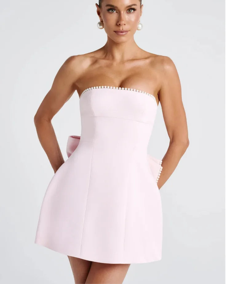 Elegant Pearl Bow Backless Sexy Mini Dress Women's Luxury Party Short Dresses White Black Pink Birthday Evening Wedding Summer