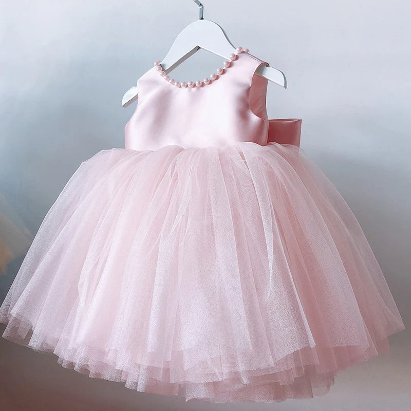 Kids Pearls Elegant Princess Dress for Girls Backless Bow Baby Girl 1st Birthday Baptism Tutu Gown Wedding Party Girls Dress