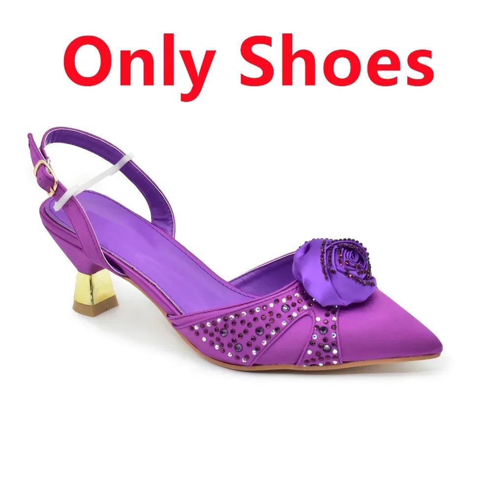 Luxury Italian Shoes and Bag Set for Women Pointed Toe High Heels Party Dress Female Pumps Decorated with Handmade Flowers