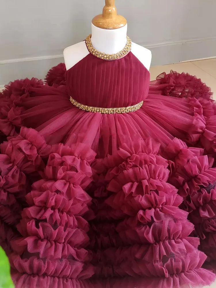 2025 Summer Girls Sweet Fluffy Dress Performance Dress Wine Red Flower Girl Princess Dress Walk Show Formal Big Butterfly Christ
