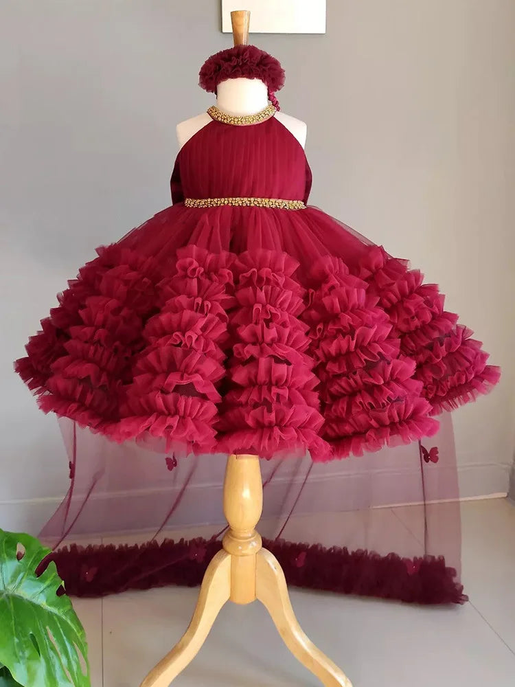 2025 Summer Girls Sweet Fluffy Dress Performance Dress Wine Red Flower Girl Princess Dress Walk Show Formal Big Butterfly Christ
