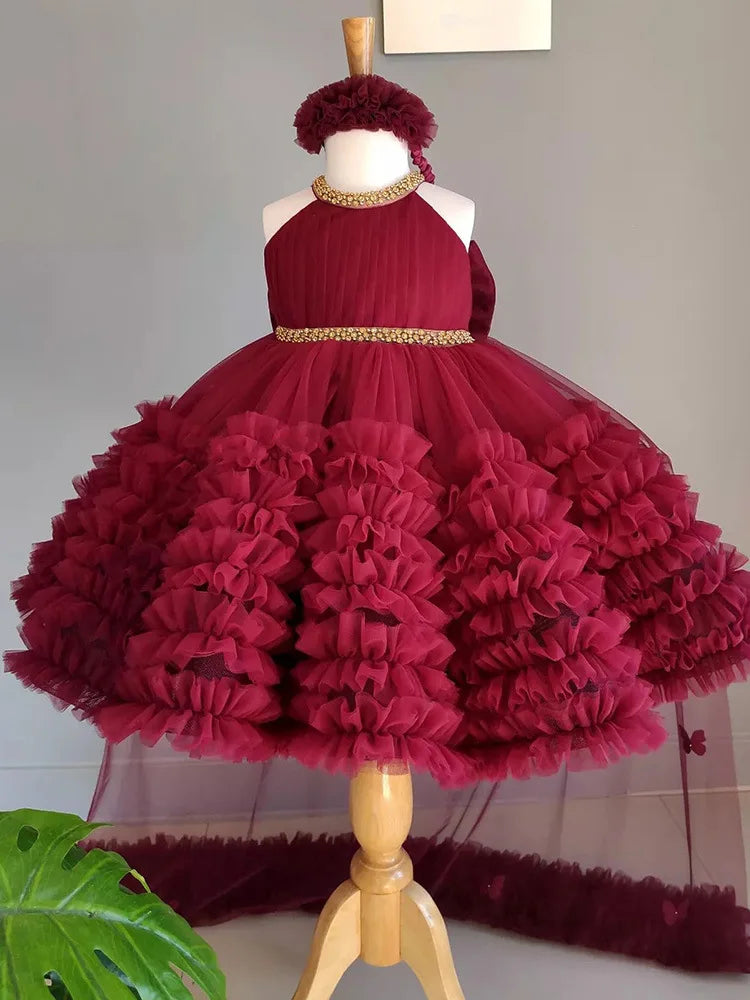 2025 Summer Girls Sweet Fluffy Dress Performance Dress Wine Red Flower Girl Princess Dress Walk Show Formal Big Butterfly Christ