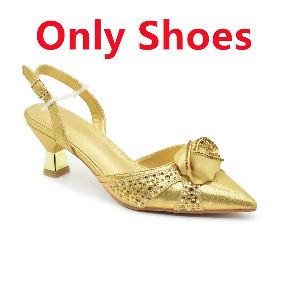 Luxury Italian Shoes and Bag Set for Women Pointed Toe High Heels Party Dress Female Pumps Decorated with Handmade Flowers