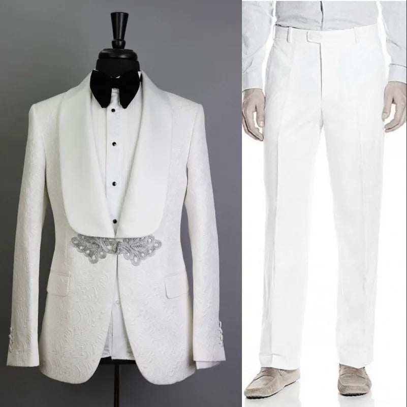 White Pattern Groom Tuxedos Shawl Satin Lapel Men Suits 2 Pieces Wedding Bridegroom ( Jacket + Pants + Tie  )