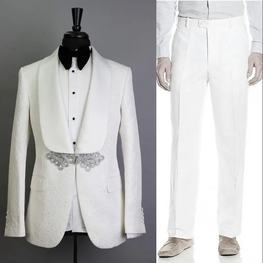 White Pattern Groom Tuxedos Shawl Satin Lapel Men Suits 2 Pieces Wedding Bridegroom ( Jacket + Pants + Tie  )