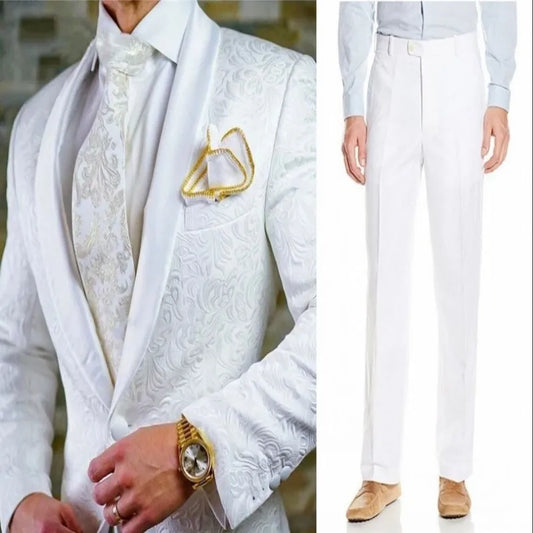White Pattern Groom Tuxedos Shawl Satin Lapel Men Suits 2 Pieces Wedding Bridegroom ( Jacket + Pants + Tie  ) D201