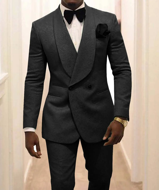 White Pattern Groom Tuxedos Shawl Lapel Men Suits 2 Pieces Wedding Best Man ( Jacket+Pants+Tie )