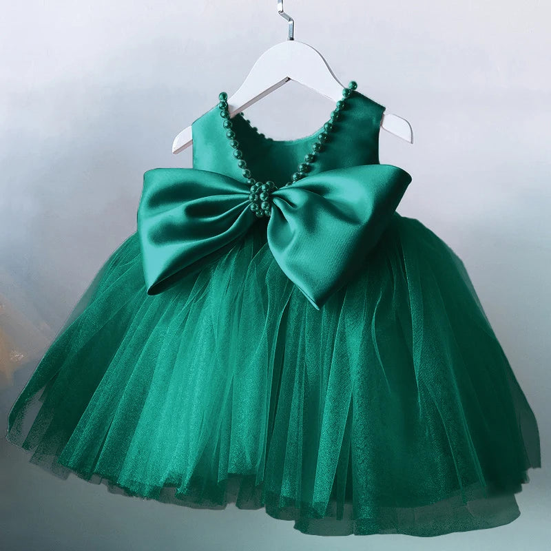 Kids Pearls Elegant Princess Dress for Girls Backless Bow Baby Girl 1st Birthday Baptism Tutu Gown Wedding Party Girls Dress