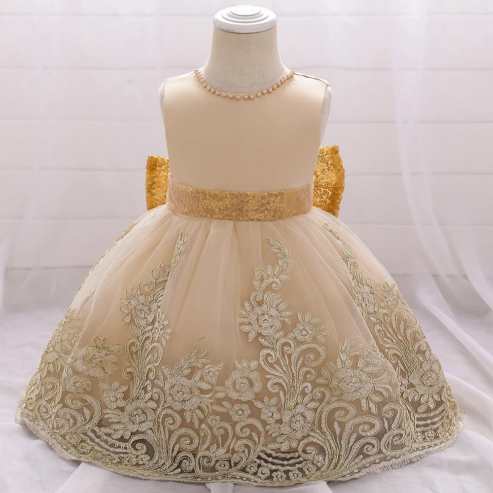 Summer Sequins Bow Baby Girl Dress Gold 1st First Birthday Princess Wedding Kids Party Dresses For Girl Bridesmaids Evening Gown