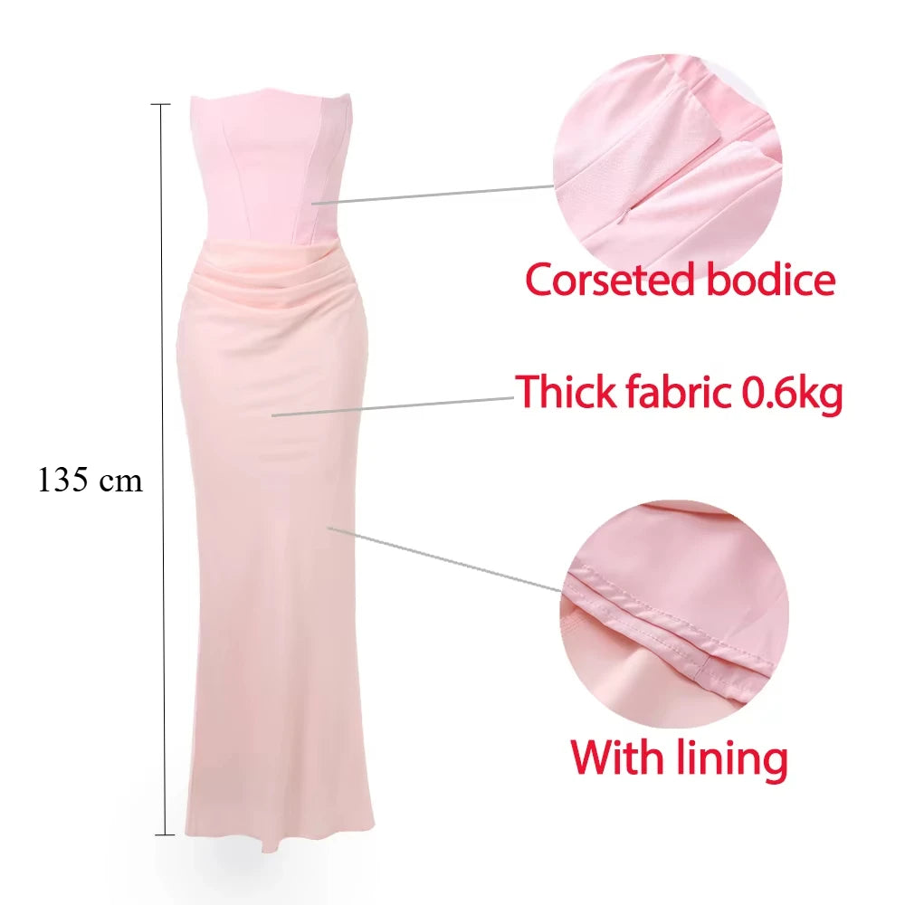 New dress Women's Evening Dress Strapless Pink Prom Party Dresses Sexy Satin Long Corset Dress Elegant Maxi Gala Dresses