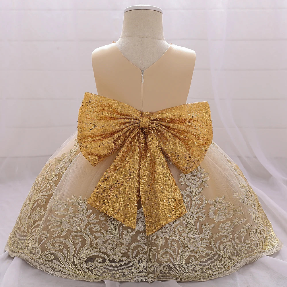 Summer Sequins Bow Baby Girl Dress Gold 1st First Birthday Princess Wedding Kids Party Dresses For Girl Bridesmaids Evening Gown