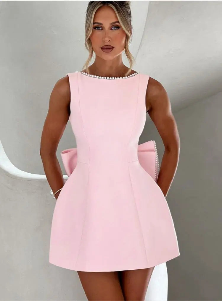 Elegant Pearl Bow Backless Sexy Mini Dress Women's Luxury Party Short Dresses White Black Pink Birthday Evening Wedding Summer