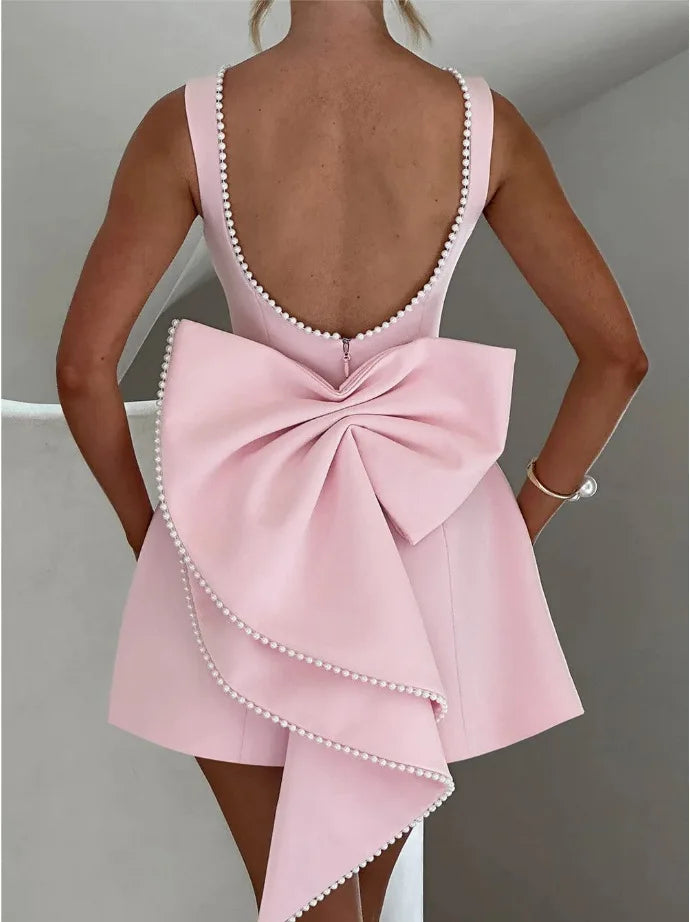 Elegant Pearl Bow Backless Sexy Mini Dress Women's Luxury Party Short Dresses White Black Pink Birthday Evening Wedding Summer