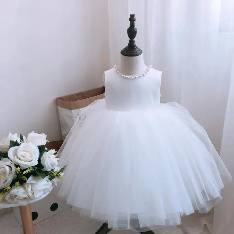 Kids Pearls Elegant Princess Dress for Girls Backless Bow Baby Girl 1st Birthday Baptism Tutu Gown Wedding Party Girls Dress