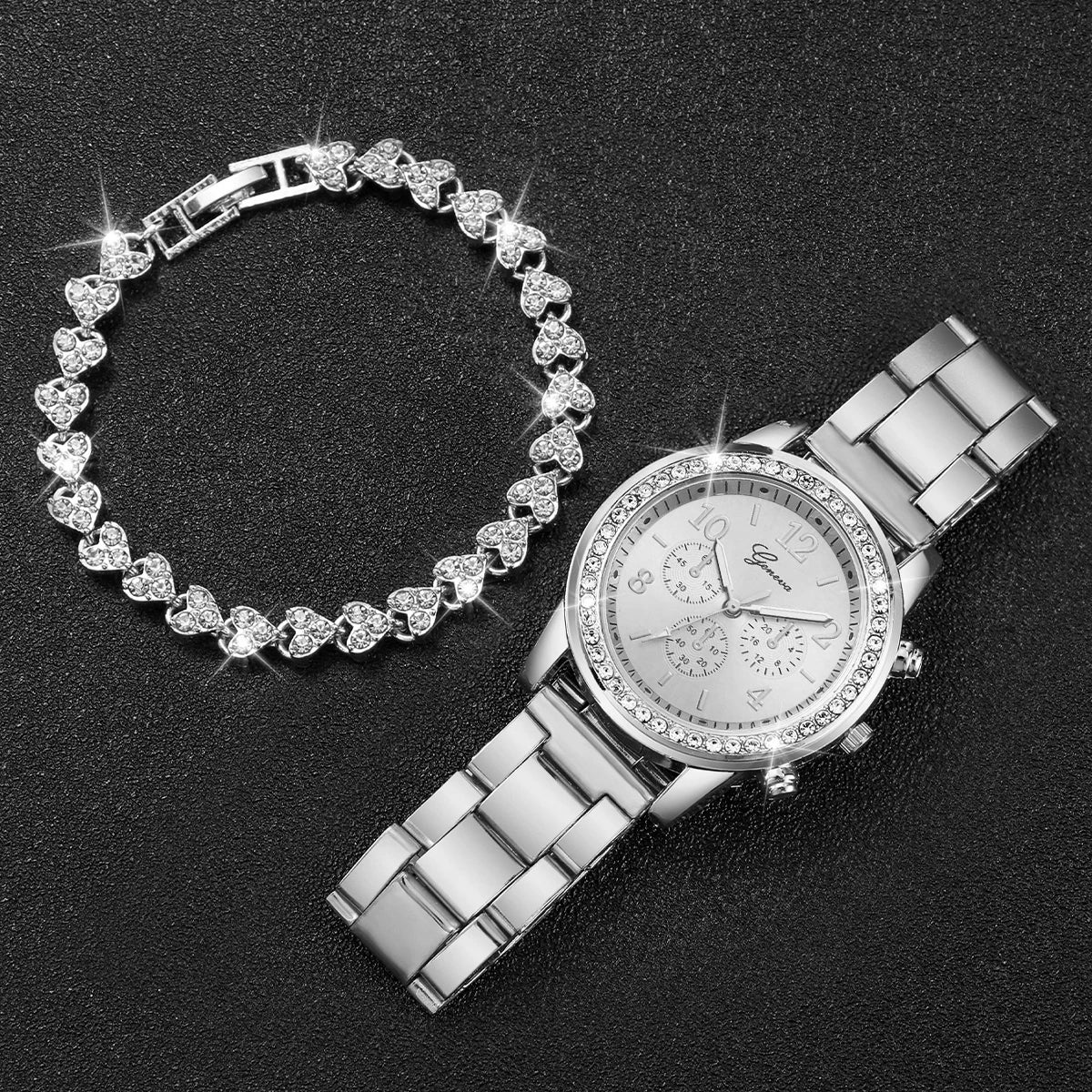 2PCS Women's Watch Fashion Rhinestone Silver Steel Band Analog Quartz Watches Bracelet Set