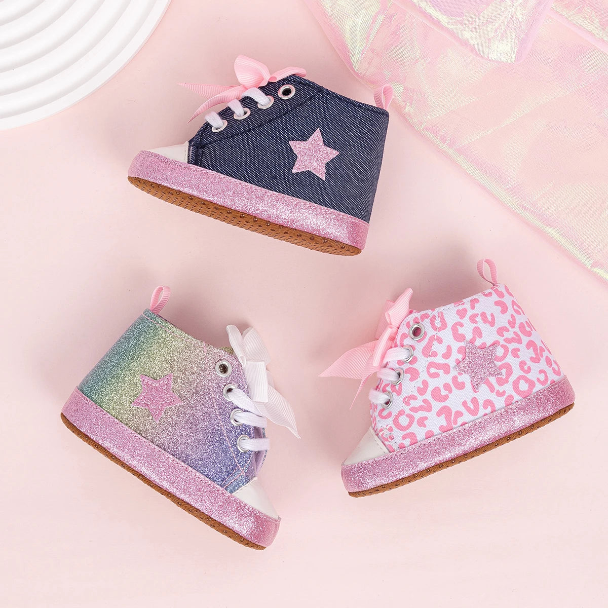 Newborn Baby Boys Girls High Tops Star Sneakers Soft Anti-Slip Sole Moccasins Infant Newborn Toddler First Walking Crib Shoes
