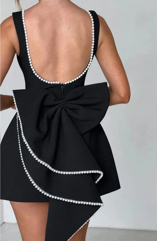 Elegant Pearl Bow Backless Sexy Mini Dress Women's Luxury Party Short Dresses White Black Pink Birthday Evening Wedding Summer