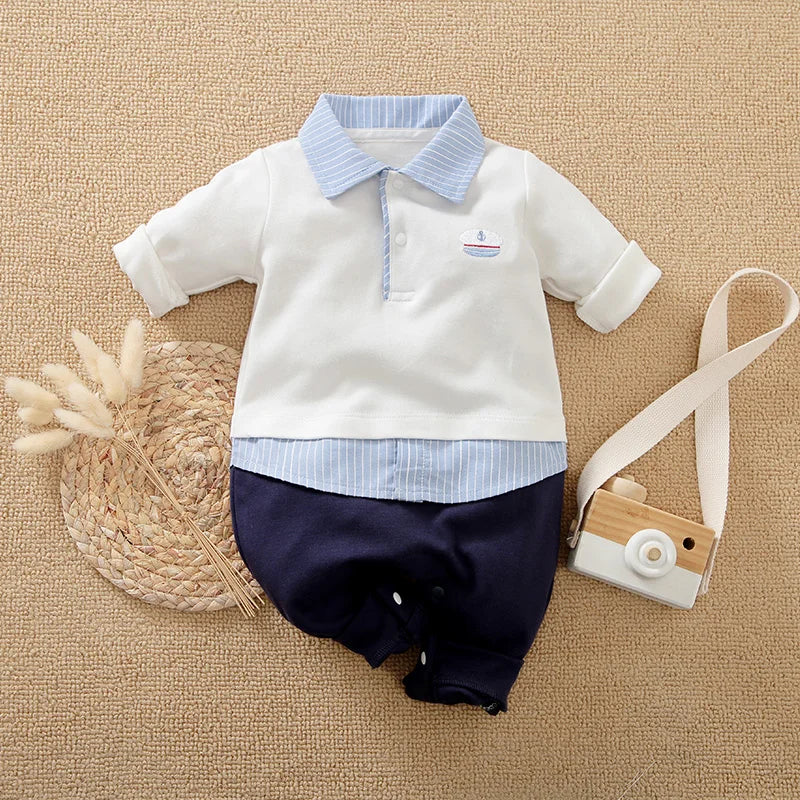 Spring and Autumn Boys' Cute Solid Gentleman Cotton Comfortable Casual Long Sleeve Baby Bodysuit 0-18 M