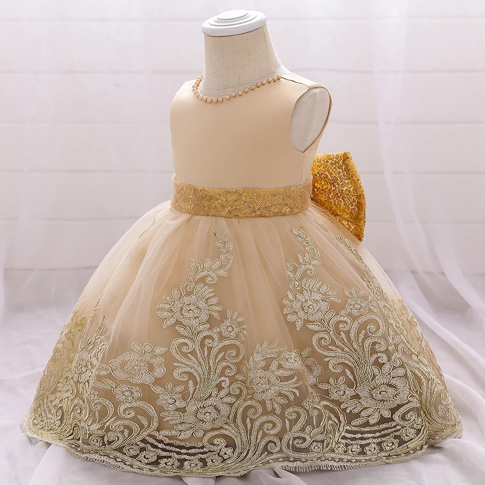 Summer Sequins Bow Baby Girl Dress Gold 1st First Birthday Princess Wedding Kids Party Dresses For Girl Bridesmaids Evening Gown